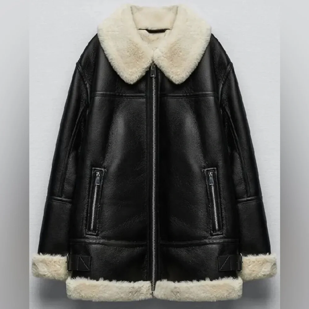 81 moto jacket faux leather faux fur zip up black coat jacket - Picture 4 of 13